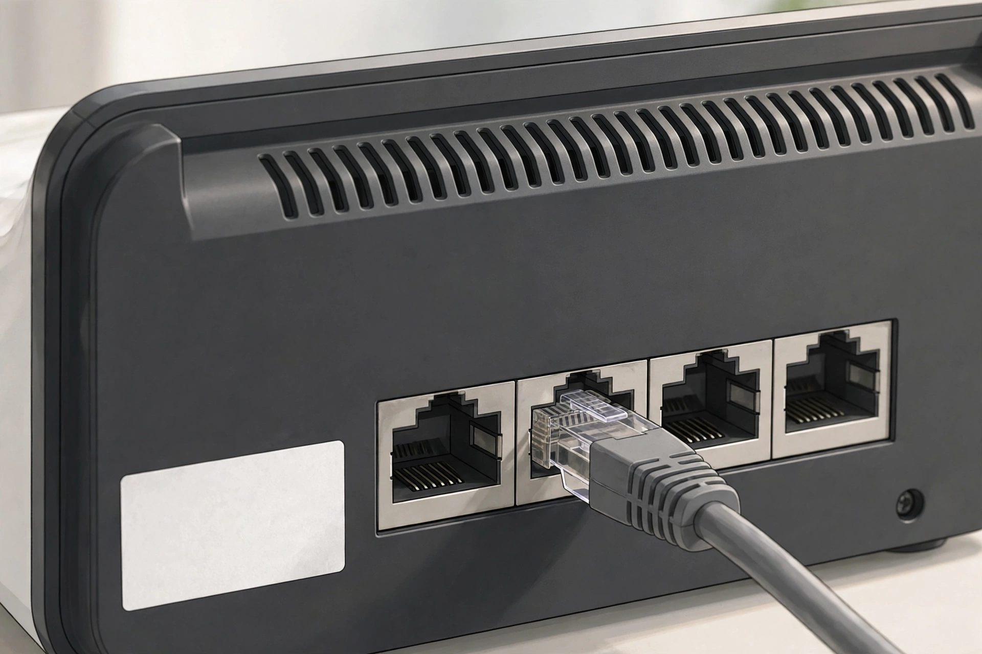 Back panel of a home router with ports and label